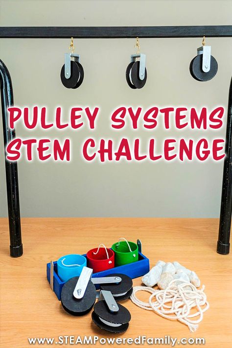 Explore physics and engineering with this Pulley System STEM Challenge and Printable. Using simple tools and materials, students build various types of pulley systems. Dive into some real life STEM as we explore the amazing simple machine: the pulley system. Learn about the different types of pulley systems. Then build various pulley simple machines. A pulley printable workbook is also available to supplement student work. Visit STEAMPoweredFamily.com for all the details. Preschool Pulley Activities, Wheel And Axel Simple Machines, Pulley Activities For Preschool, Pulley Experiment For Kids, Simple Machines Preschool, Pulley System For Kids, Simple Machines Projects For Kids, 3rd Grade Science Experiments, Pulley Ideas