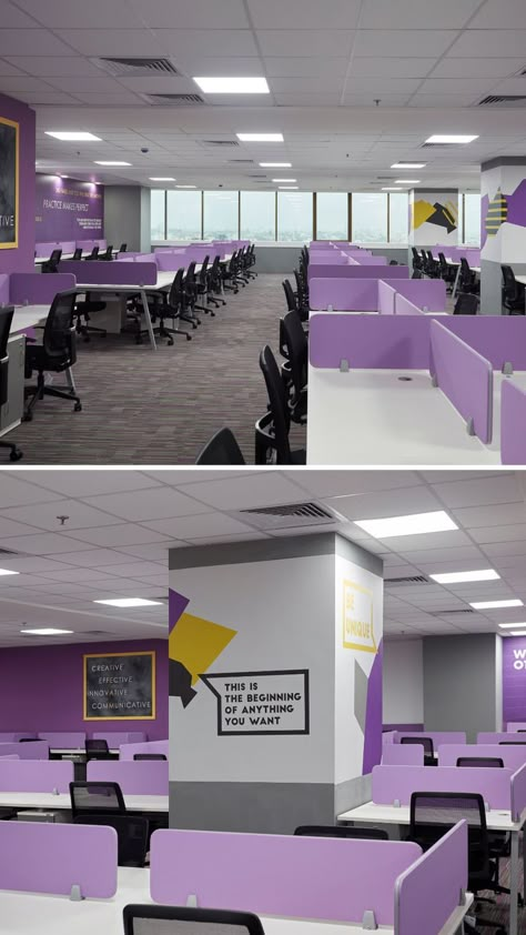 A mesmerizing Office design for Vidarbha Infotech Pvt Ltd, Byju’s at VIPL I Park is a stunning and functional office space by the Team at Salankar & Pashine showcasing their architectural design prowess that aims to accommodate a large number of people. As one enters the office, it divides into a north and south wing. Both of these wings directly lead to a spacious area where students are provided with a study space. Office Selling Design, Workstation Area Design Office, Office Pillar Design, Visa Office Design, Software Office Interior Design, Office Workstations Design, Marketing Office Interior, Graphic Design Office Interior, Workstations Office Design