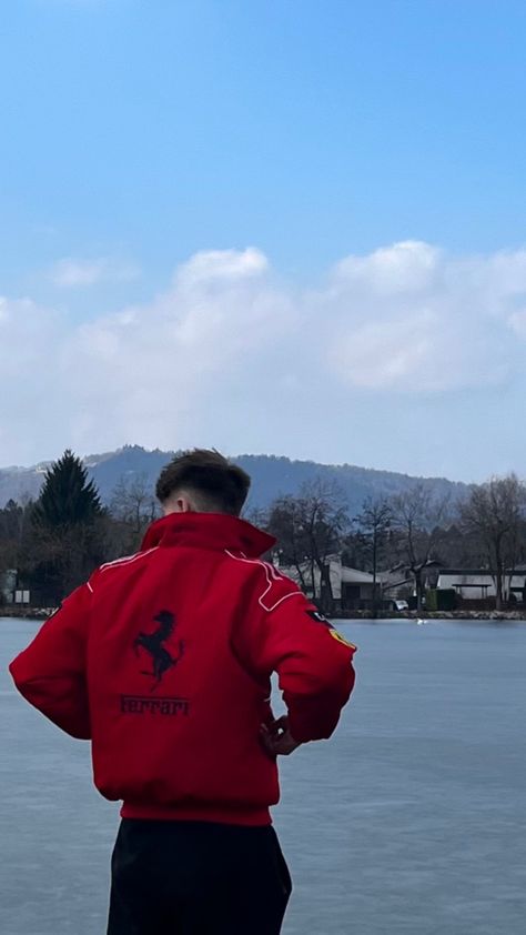 Ferrari Jacket Men, Ferrari Jacket Outfit Man, Red Leather Jacket Outfit Men, Pinterest Boys Aesthetic, Red Jacket Outfit Men, Red Ferrari Jacket, Ferrari Jacket Outfit, Ferrari Outfit, Red Leather Jacket Outfit