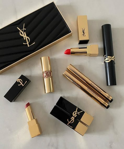 Yves Saint Laurent Aesthetic, Skincare Ugc, Saint Laurent Aesthetic, Ysl Aesthetic, Flatlay Makeup, Ysl Makeup, Ysl Beauty, Amazon Beauty, Dream Gift