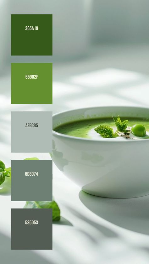 Colors:
365A19
65902F
AFBCB5
6D8074
535D53 Fresh Green Colour Palette, Healthy Color Palette, Colour Palette Green, Green Pea Soup, Healthy Colors, Background Elements, Mint Leaf, Green Soup, Hex Color Palette