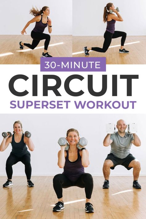 A 30-minute, fat burning, AT HOME CIRCUIT WORKOUT! This time-drop workout alternates dumbbell strength exercises with full body, compound cardio exercises to build muscle and burn calories at home. Circuit training is one of the most efficient forms of exercise to build muscle, burn fat, and lose weight at home. Lower Body Circuit With Weights, Exercise Circuits At Home, Circuit Training Exercises, Circuit Training At Home, Strength Training Class Ideas, Circuit Class Ideas, Circuit Training Workouts At Home, Strength And Cardio Workouts, Small Group Workout Ideas