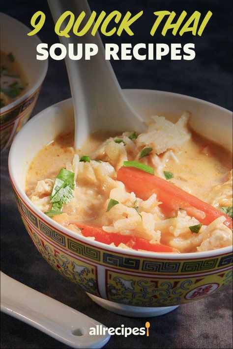 Looking for soup recipes? Try cooking these quick Thai soup recipes. From Thai chicken noodle soup to Thai coconut soup, these quick and easy soup recipes are delicious dinner ideas. Thai Noodle Soup Chicken, Thai Chicken Noodle Soup Recipes, Thai Rice Soup Recipes, Easy Thai Chicken Soup, Thai Broth Soup Recipes, Thai Pork Soup Recipes, Thai Coconut Noodle Soup, Thai Noodle Soup Recipes, Asian Soups And Stews