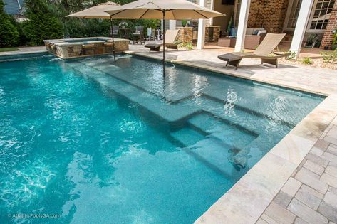 Pool Lounging Shelves - add an element or resort feel into your pool | ATLANTIS POOLS & SPAS, LLC Pools For Entertaining, Pool Bottom Design, Rectangle Pool With Round Spa, Types Of Pools Design, Resort Style Pool Backyards, Pool Shapes Layout, Large Pool Designs, Concrete Pool Ideas, L Shape Pool Ideas