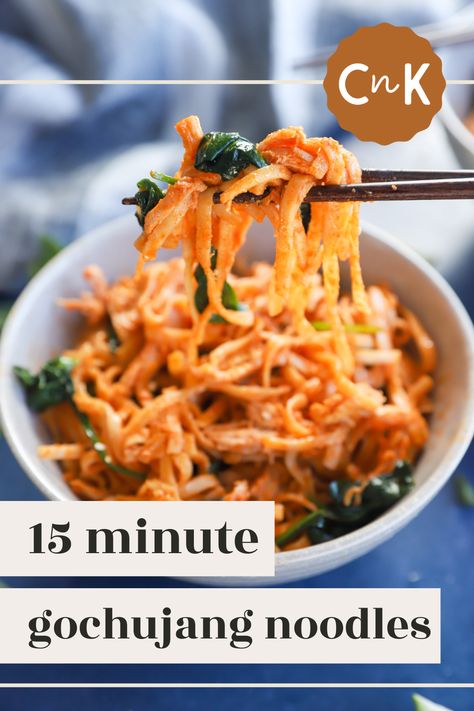 Gochujang Noodles are spicy, saucy, and flavorful! Ready in just 15 minutes, you can enjoy all the Korean-inspired flavors without all the time. The flavorful meal will spice up your weeknight meal routine. Gochujang Noodles, Witch's Kitchen, Noodles With Chicken, Noodles Chicken, Gochujang Sauce, Wheat Noodles, Chicken And Spinach, 15 Minute Meals, Quick Meal