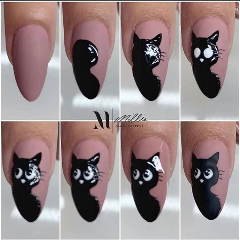 Cat Nail Designs, Cartoon Nail Designs, Cat Nail Art, Cat Nail, Animal Nail Art, Halloween Acrylic Nails, Nail Drawing, Nail Art For Beginners, Nail Art Designs Diy