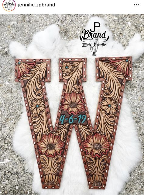 Leather Wedding Decor, Leather Letters, Handmade Leather Work, Custom Leather Work, Saddle Shop, Leather Working Patterns, Western Tattoos, Leather Patterns, Leather Tooling Patterns