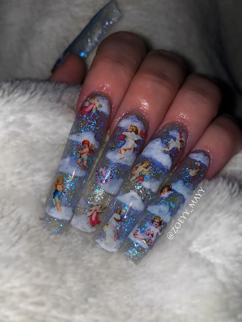 Cherub Nails Designs, Angel Acrylic Nails, Cherub Nails, Heaven Nails, Cloud Nails, Gelpolish Nails, Angel Nails, Really Cute Nails, Exotic Nails