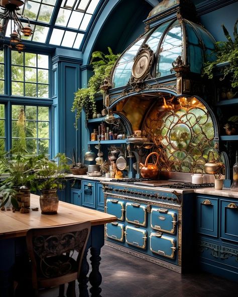 Gaudy Interior Design, Fantasy Kitchen Aesthetic, Blue Aesthetic Home, English Style Cottage, Fantasy Kitchen, Ornate Kitchen, Small Kitchen Design, Blue Instagram, Fairytale House