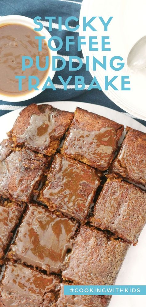 Sticky toffee pudding traybake takes the classic comforting, winter’s dessert and transforms it into a delicious, easily shareable traybake. #sticky toffee pudding #traybake #easy recipe #baking with kids #comfort food Moist Christmas Cake Recipe, Sticky Toffee Pudding Easy, Pudding Bar, Sticky Toffee Pudding Cake, Sticky Pudding, Hot Puddings, Easy Toffee, Hot Desserts, Toffee Bars