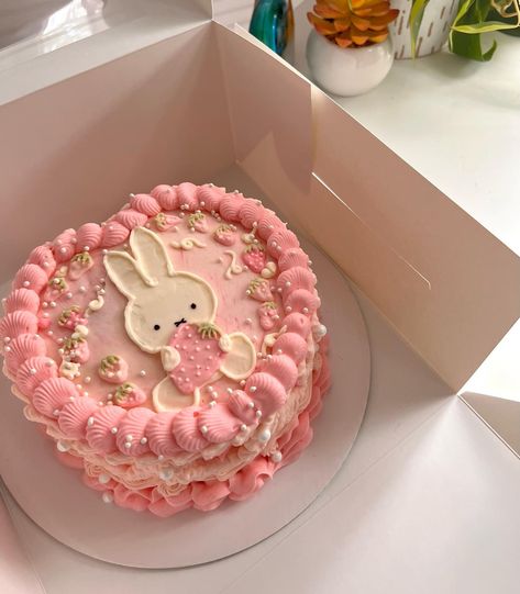 Cute Bunny Cake Ideas, Strawberry Heart Cake, Miffy Strawberry, Miffy Cake, Raining Sound, Miffy Wallpaper, Study Together, Strawberry Heart, Vintage Birthday Cakes