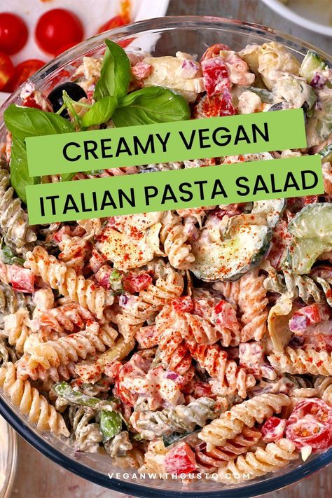 Creamy vegan Italian pasta salad is the perfect summer salad, brimming with fresh veggies, olives, artichoke hearts, pasta of your choice, and easy, zesty Italian salad dressing for a crowd-pleasing easy side dish that's certain to be a hit. Get the recipe for instructions. Artichoke Hearts Pasta, Vegan Italian Pasta, Creamy Italian Pasta Salad, Italian Diet, Italian Pasta Salad, Vegan Salads, Italian Salad Dressing, Vegan Pasta Recipes, Vegan Italian