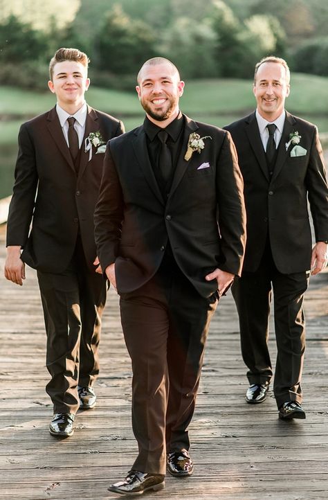 Solid Black Suit Groom, Black Shirt Wedding Men, Groom All Black Suit, All Black Wedding Suit, All Black Groomsmen Attire, All Black Groomsmen, All Black Wedding, Black Wedding Suit, Black Groomsmen