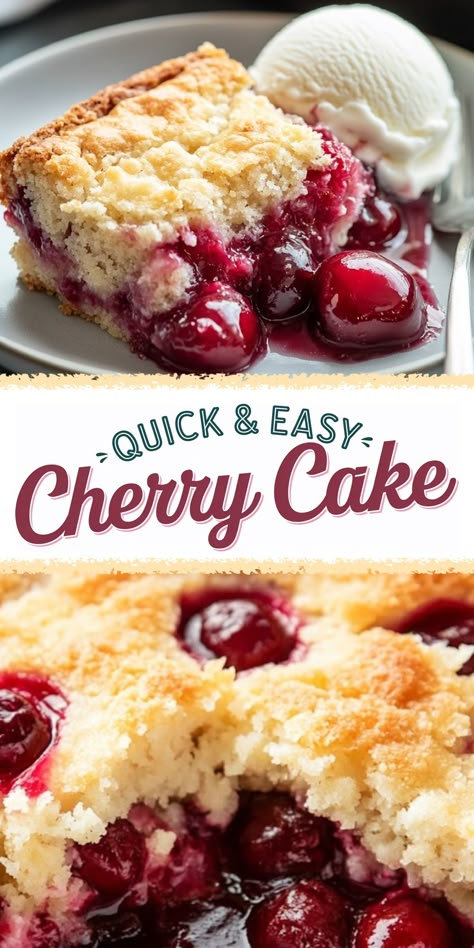 Cherry Dump Cake with Canned Cherries or Fresh Cherries Cherry Drop Cake, Cherry Crunch Dessert Dump Cakes, Cherry Chiffon Cake, Cherry Dump Cake With Pie Filling, Cherries In A Cloud Dessert, Can Cherry Desserts, Easy Fruit Desserts Simple, Cherry Cha Cha Dessert, Upside Down Cherry Cake