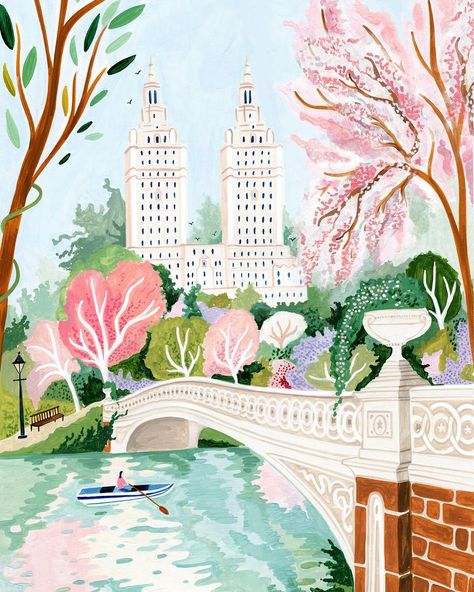 Happy 1st Day of Spring 🌷 Thought I’d celebrate by painting the iconic Bow Bridge nestled amidst the spring beauty of Central Park, New… | Instagram Amber Davenport, Happy 1st Day Of Spring, 1st Day Of Spring, Travel Barcelona, Bridge Painting, Posters Wall Art, Wall Art Picture, Spring Beauty, 1st Day