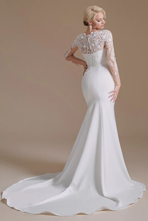 New Arrival Mermaid Long Sleeve Sweep Train Wedding Dress – Simibridaldresses Elegant Bridal Dresses, Long Sleeve Wedding Dress Lace Mermaid, Train Fabric, Long Sleeve Mermaid Wedding Dress, Elegant Bridal Dress, Sweep Train Wedding Dress, Professional Dress, Prom Dresses With Pockets, Wedding Dress Fabrics