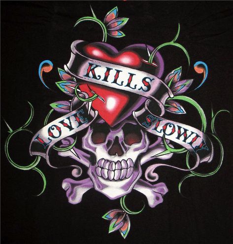 Ed Hardy; Love kills slowly. Men Rib Tattoo, Skull Pics, 2000s Photoshoot, Ed Hardy Designs, Ed Hardy Tattoos, Love Kills Slowly, Bike Artwork, Alcohol Ink Glass, Love Kills