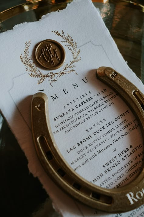 Rustic Wedding Table Setting, Wedding Table Set, Horseshoe Wedding, Menu Signage, Gold Table Setting, Equestrian Wedding, Western Themed Wedding, Wedding Horseshoes, Table Assignments