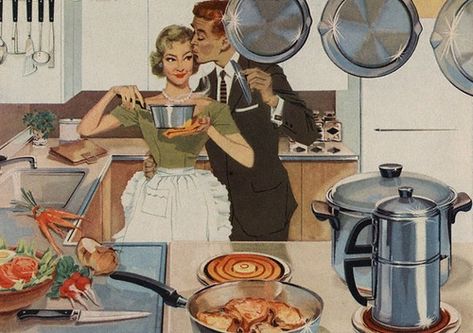 Kitchen Kiss 1950's magazine illustration.                                                    . 50s Housewife, 1950s Housewife, Cooking In The Kitchen, Vintage Housewife, Stepford Wife, Happy Housewife, Retro Housewife, Vintage Cooking, Magazine Illustration