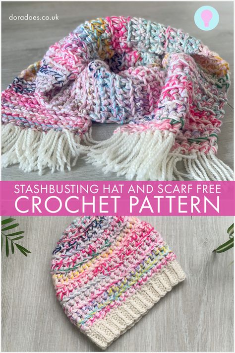 Separate images of a crochet scarf and hat made in multiple colours using leftover yarn. Text overlay reads ‘stashbusting hat and scarf free crochet pattern.’ Chunky Crochet Pattern, Super Chunky Crochet, Beanie Hat Crochet Pattern, Crochet Hat Sizing, Chunky Crochet Scarf, Scrap Crochet, Beanie Knitting Patterns Free, Scrap Yarn Crochet, Yarn Creations