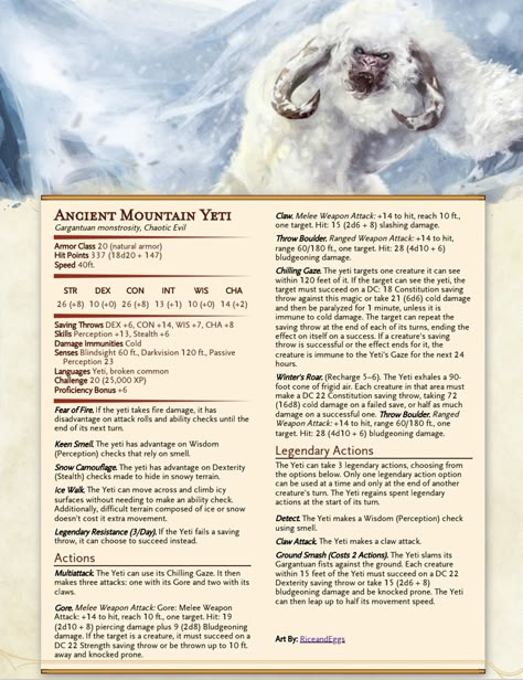 Dnd Arctic Monsters, Dnd Snow Monsters, Dnd Yeti, D D 5e Homebrew, Dnd Beasts, Homebrew Monsters, Mountain Monsters, Ice Monster, Dnd Monster