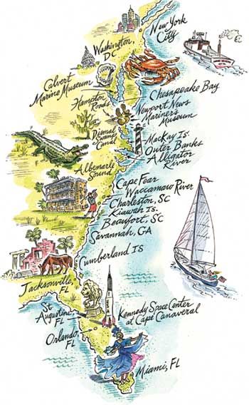 East Coast Map, Usa Illustration, Boating Tips, Intracoastal Waterway, Miles To Go, Boat Stuff, Illustrated Map, Boat Trips, Sailboats