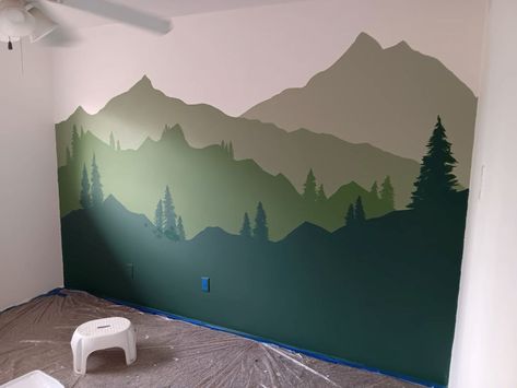 Nursery Ideas National Parks, Outdoor Bedroom Theme, National Park Nursery Boy, Pnw Nursery Theme, Baby Boy Nursery Outdoor Theme, Painted Mountains On Wall, National Park Nursery Theme, National Park Room, Forest Boys Room