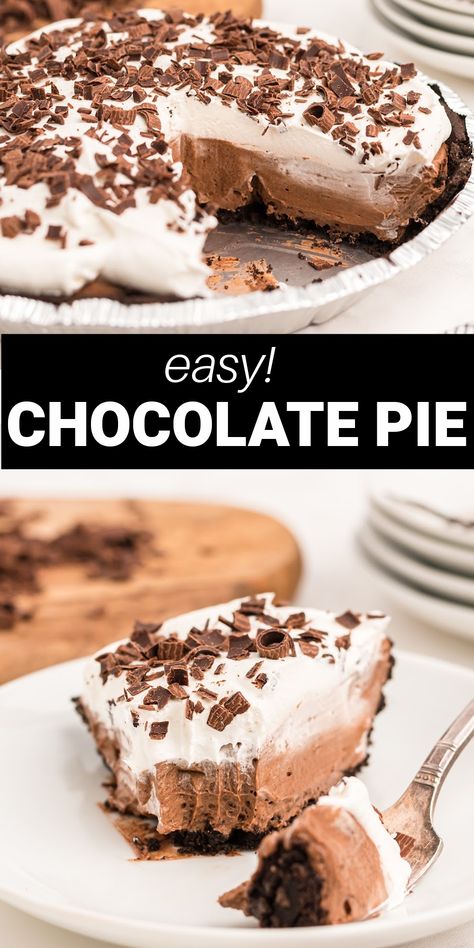 Chocolate Cream Pie is a dreamy no-bake dessert with just 5 simple ingredients. A creamy chocolate pudding is served on an Oreo cookie crust and topped with a layer of whipped cream topping and chocolate shavings. Chocolate No Bake Recipes, Recipes With Oreo Pie Crust, Simple Chocolate Pie Recipe, Chocolate Cream Pie With Oreo Crust, Brownie Bottom Pudding Pie, Chocolate Pie With Cocoa Powder, Chocolate Pie With Oreo Crust, Chocolate Crust Pie Recipes, Oreo Crust Pie