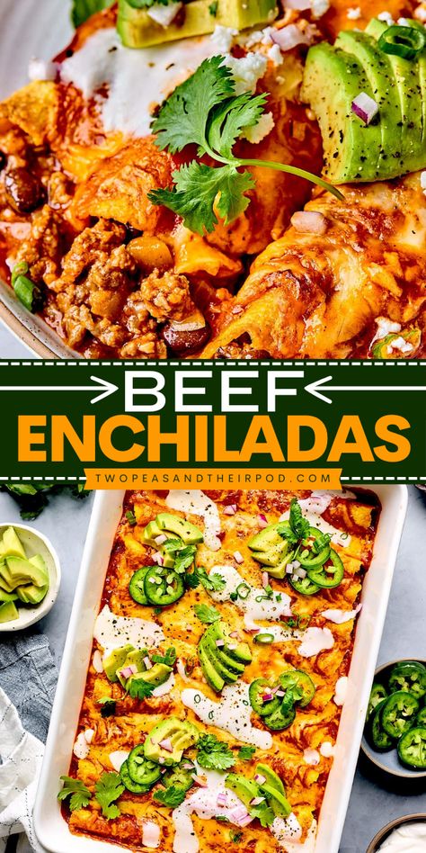 Here's an easy weeknight dinner idea for tonight! These Beef Enchiladas are made with tortillas, ground beef, beans, and cheese, and smothered in enchilada sauce. Pin this family weeknight dinner recipe! Stack Enchiladas, Ground Beef Beans, Enchiladas Beef, Homemade Enchilada Sauce Recipe, Enchiladas Easy, Easy Enchilada Recipe, Beans And Cheese, Easy Beef Enchiladas, Ground Beef Enchiladas