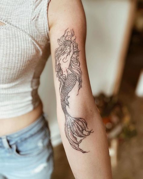 Empowerment Tattoo, Mermaid Sleeve Tattoos, Us Tattoo, Siren Tattoo, Wife Tattoo, Mermaid Tattoo Designs, Binghamton University, Mystical Tattoos, Tarot Tattoo