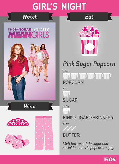 Sugar Popcorn Recipe, Sugar Popcorn, Mean Girls Party, Girls Night Movies, Halloween Sleepover, Mean Girls Movie, Teen Party Games, Sleepover Birthday Parties, Popcorn Recipe