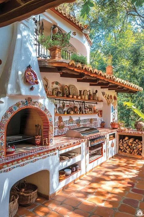 Outdoor Kitchen Aesthetic, Outdoor Mexican Kitchen, Mexican Hacienda Kitchen, Mexican Outdoor Kitchen, Mexico Interior, Hacienda Style Kitchen, Outdoor Kitchen Design Modern, Hacienda Homes, Hacienda Style Homes