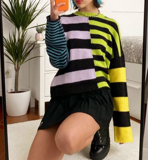 Colorful Punk, Vintage Striped Sweater, Goth Sweater, E Girl Clothes, Jumper Women, Casual Punk, Harajuku Punk, Loose Pullover, Patchwork Patterns