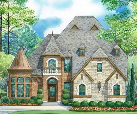 Woodmeade House Front Rendering Houses Styles, Turret House, Bedroom Castle, Barrel Vault Ceiling, Carved Beds, Decorative Pillars, Winding Staircase, Family Bedroom, European House Plans