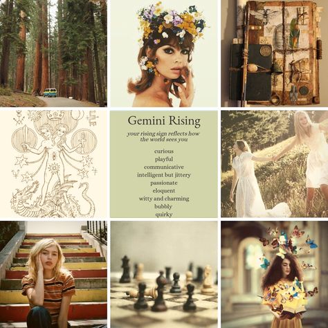 Gemini rising / ascendent zodiac sign mood board and aesthetic Ascendant In Gemini, Rising Gemini Style, Rising Gemini Aesthetic, Gemini Midheaven Aesthetic, Gemini Rising Appearance, Gemini Rising Aesthetic Outfits, Gemini Rising Style, Gemini Moon Aesthetic, Gemini Rising Sign