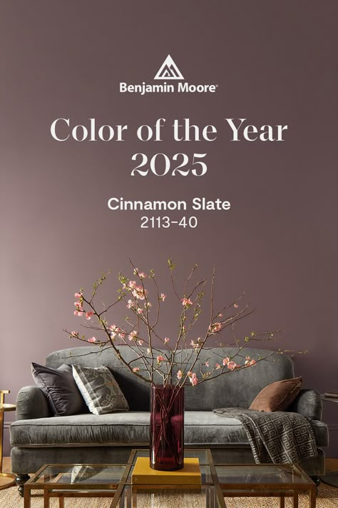 Announcing the Benjamin Moore Color of the Year 2025, Cinnamon Slate 2113-40. A delicate mix of heathered plum and velvety brown, this nuanced hue is enduring yet modern, bringing a soothing familiarity to any space. Benjamin Moore Color Of The Year, Purple Bedroom Paint Colors, Cinnamon Slate Benjamin Moore, Apartment Colour Scheme, Plum Wall Color, Cinnamon Slate, Exterior Wood Stain, Slate Color, Home Paint Colors