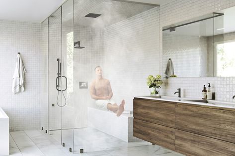 Steam Showers Bathroom Master Bath, Home Steam Room, Steam Shower Units, Steam Room Shower, Sauna Shower, Bathroom Shower Walls, Mcm House, Architecture Bathroom, Steam Sauna