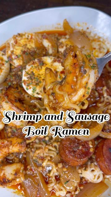 Shrimp And Sausage Boil, Shrimp Ramen Noodle Recipes, Shrimp Ramen Recipes, Sausage Boil, Ramen Noodle Recipes Easy, Seafood Ramen, Ramen Recipes Easy, Shrimp And Sausage, Seafood Boil Recipes