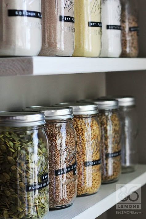 Open Pantry shelves with canning jars   86lemons.com Open Pantry Shelves, Open Pantry, Mason Jar Storage, Pantry Organisation, Rental Kitchen, Jar Storage, Pantry Shelf, Ball Jars, Pantry Storage