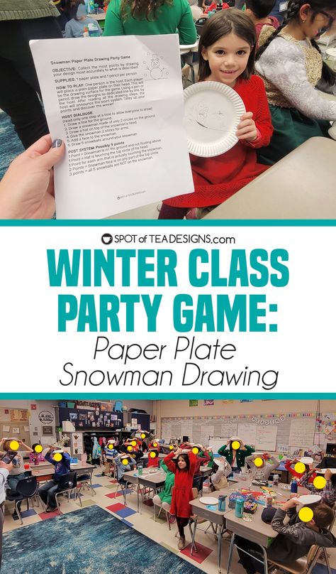 Winter Class Party Game | Paper Plate Drawing - Spot of Tea Designs Paper Plate Snowman Drawing Game, Paper Plate On Head Drawing Game, Draw Christmas Tree On Paper Plate Game, Paper Plate Game On Head, Christmas Paper Plate Drawing Game, Christmas Plate Drawing Game, Draw A Snowman On Your Head Game, Plate On Head Drawing Game, Paper Plate Drawing On Head Game Christmas