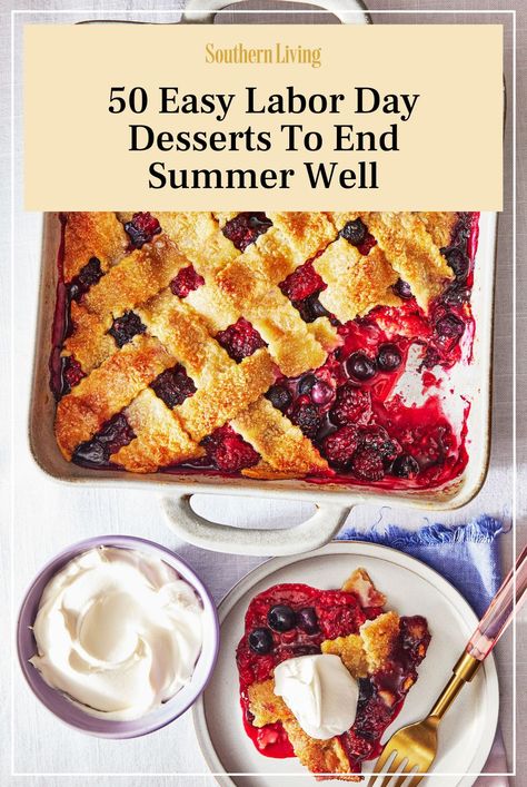 Just as Labor Day weekend caps off the summer, a delicious dessert gives a bittersweet finishing touch to the Southern cookout. During summertime, we're gunning for easy cookout desserts that keep us cool in the scorching heat and make the most of seasonal favorites like peaches, berries, watermelons, and nectarines. Our Labor Day dessert recipes do just that, from our easy Peach Custard Pie to our Triple Berry Sonker, because while our days wearing white pants this year may have come to an end, our dessert desires have not. #laborday #labordaydesserts #labordayparty #summerparty #southernliving Labor Day Desert, Dessert For A Cookout, Labor Day Weekend Desserts, Labor Day Dessert Ideas, Easy Cookout Desserts, Southern Cookout, Key Lime Icebox Cake, Peach Custard Pie, Labor Day Desserts