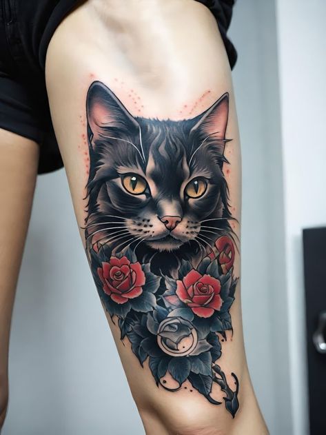 Cat Tattoo Portrait Realistic, Long Haired Cat Tattoo, Trad Cat Tattoo, Tuxedo Cat Tattoo, Realistic Cat Tattoo, A Cat Tattoo, Cat Portrait Tattoos, Cat Tattoo Design, Tattoos 2024