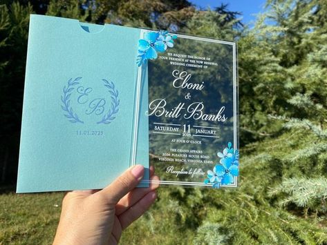 Acrylic Wedding Invitation, Silver Foil Printing, Wedding Renewal Vows, Pocket Envelopes, Acrylic Wedding Invitations, Acrylic Invitations, Blue Envelopes, Carton Invitation, Acrylic Wedding