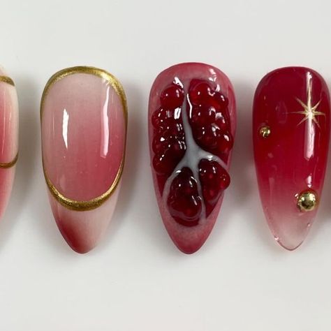 elle on Instagram: "pomegranates❣️  #pomegranates  #pomegranatenails  #fruitnails  #summernails  #yummynails" Pomegranate Nails Design, Nail Ideas Fire, Pomegranate Nail Art, Fig Nails, Pomegranate Nails, Pomegranate Girl, Pomegranate Aesthetic, Fruit Nail Designs, Tattoo Jewelry