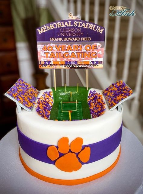 Cakes by Anh - Birthday cake for a Clemson fan. | Facebook Clemson Grooms Cake, Clemson Cake Ideas, Clemson Birthday Party Ideas, Clemson Cake, Clemson Stadium, Rehearsal Dinner Cake, Grooms Table, Clemson Fans, Tiger Birthday