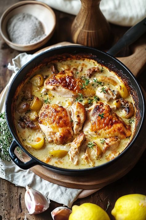 French Recipes Chicken, Normandy Chicken Recipe, French Style Chicken And Potatoes, French Chicken Pot Pie, French Peasant Food, Chicken Normandy Recipe, French Chicken Recipes Authentic, French Comfort Food, French Roasted Chicken