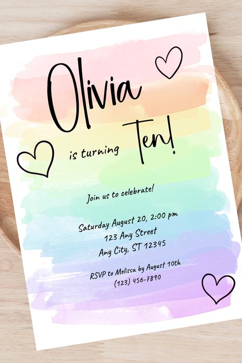 This birthday invitation features a was of watercolor rainbow colors.  Hearts can be added or removed.  Every element of this invitation is editable. Perfect for a little girl's birthday. Pastel Rainbow Birthday, Rainbow Birthday Invitations, Pastel Birthday, Pastel Party, Modern Rainbow, Rainbow Pastel, Watercolor Rainbow, Rainbow Birthday, Invitation Printable