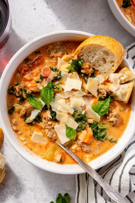 Creamy Italian Sausage and Orzo Soup - Brocc Your Body Italian Sausage And Orzo, Sausage And Orzo, Brocc Your Body, Chicken Couscous, Italian Lunch, Orzo Soup, Healthy Italian, Gourmet Dinner, Italian Soup