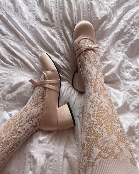 do not repost!  balletcore, mary janes, pink satin, lace tights, coquette aesthetic, ballet flats, girly Pink Ballet Flats Outfit, Pink Flats Outfit, Mary Jane Aesthetic, Mary Janes Aesthetic, Barbie Shoot, Pink Coquette Aesthetic, Aesthetic Ballet, Ballet Flats Outfit, Pink Ballet Flats