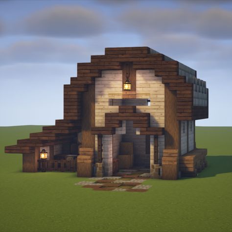 Minecraft barn build || i used sprucr, stripped spruce log, sandstone slabs, stone bricks, lantern and more.. Minecraft Sandstone Builds, Spruce Barn Minecraft, Minecraft Barn Ideas, Minecraft Barn, Minecraft Cottagecore, Stone Bricks, Mine Minecraft, Cool Minecraft Creations, Mansion Floor Plan